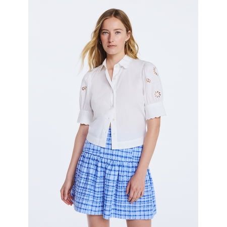 Plus Cotton Eyelet Button Front Shirt With Short Sleeves