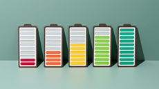 Paper craft of rechargeable batteries gradually charge to full on green background front view.