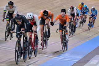 Netherlands Jan Willem Van Schip and Netherlands Yoeri Havik hand over during the mens 50km Madison final at the UCI track cycling World Championship at the velodrome in Berlin on March 1 2020 Photo by Tobias SCHWARZ AFP Photo by TOBIAS SCHWARZAFP via Getty Images