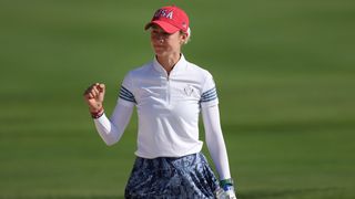 Nelly Korda celebrates a putt in the Saturday morning foursomes at the Solheim Cup