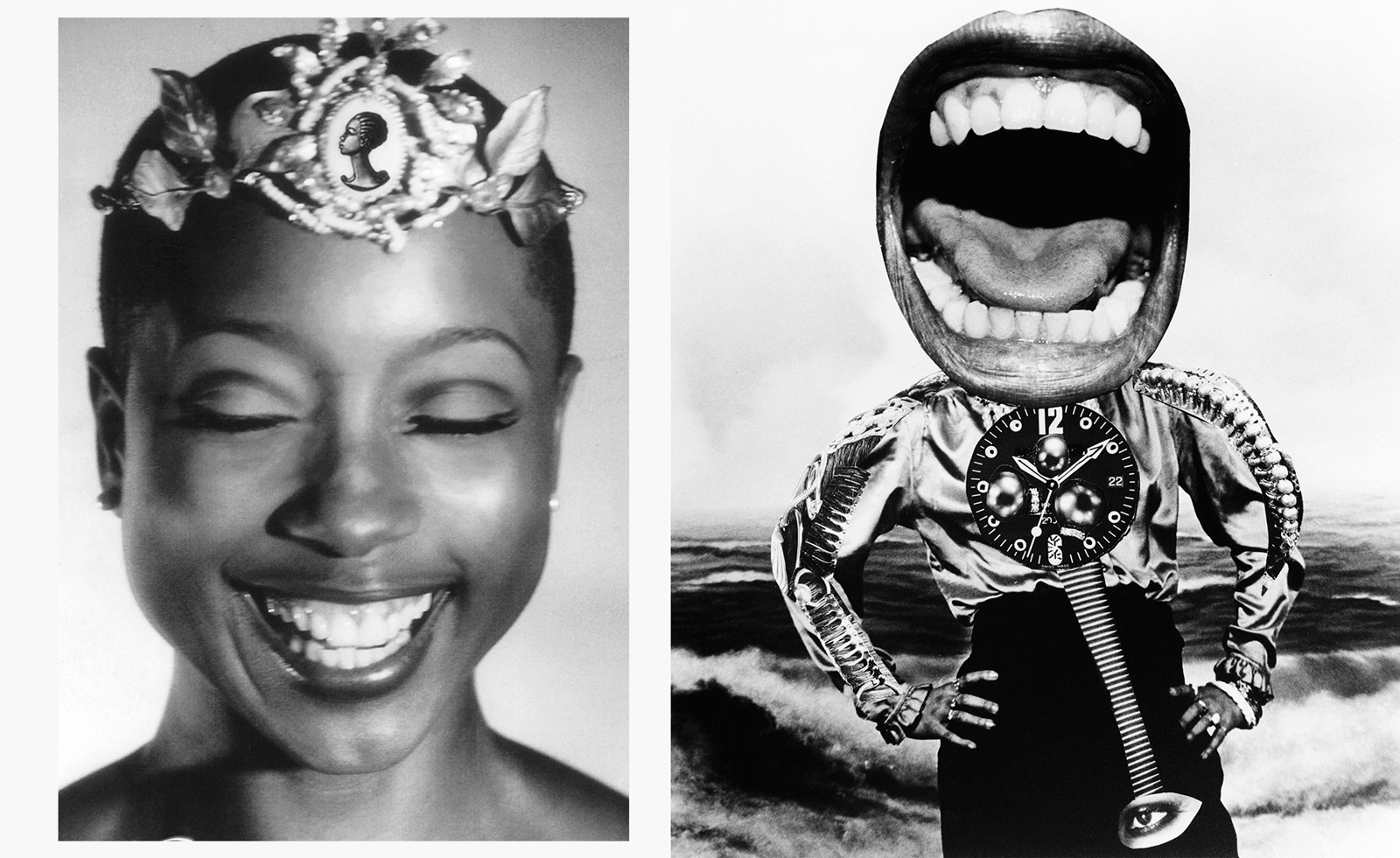 Black and white portrait of Black woman wearing headpiece and black and white collage of woman with a mouth for a head, both artworks by Coreen Simpson from a new monograph