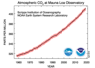 A chart from the National Oceanic and Atmospheric Administration shows the drastic increase in atmospheric carbon dioxide measured in Hawaii over the course of the last several decades.
