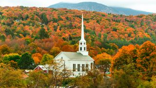 A church in Stowe, Vermont in the autumn