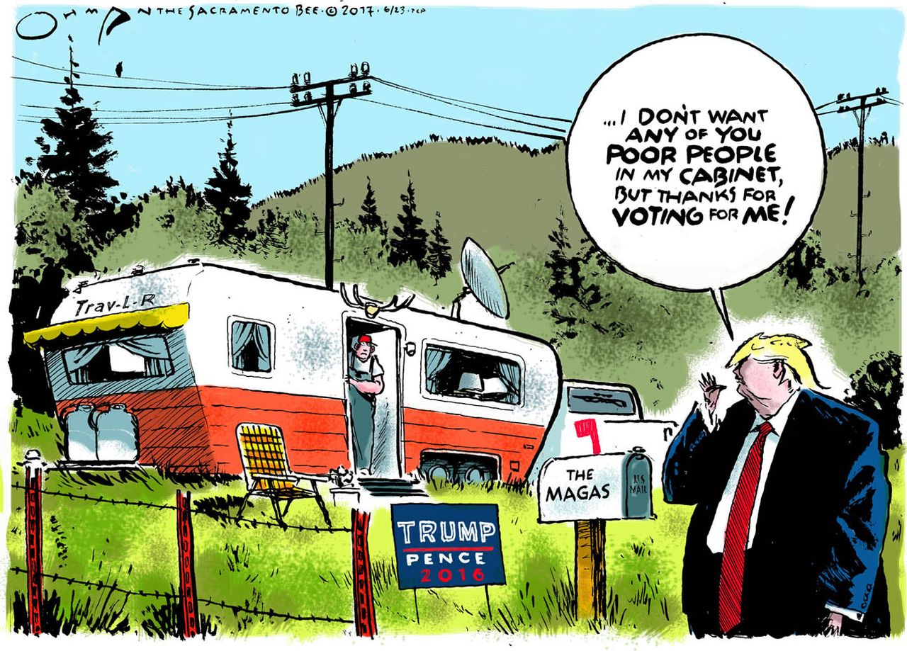 Political cartoon U.S. Trump MAGA cabinet poor rural voters