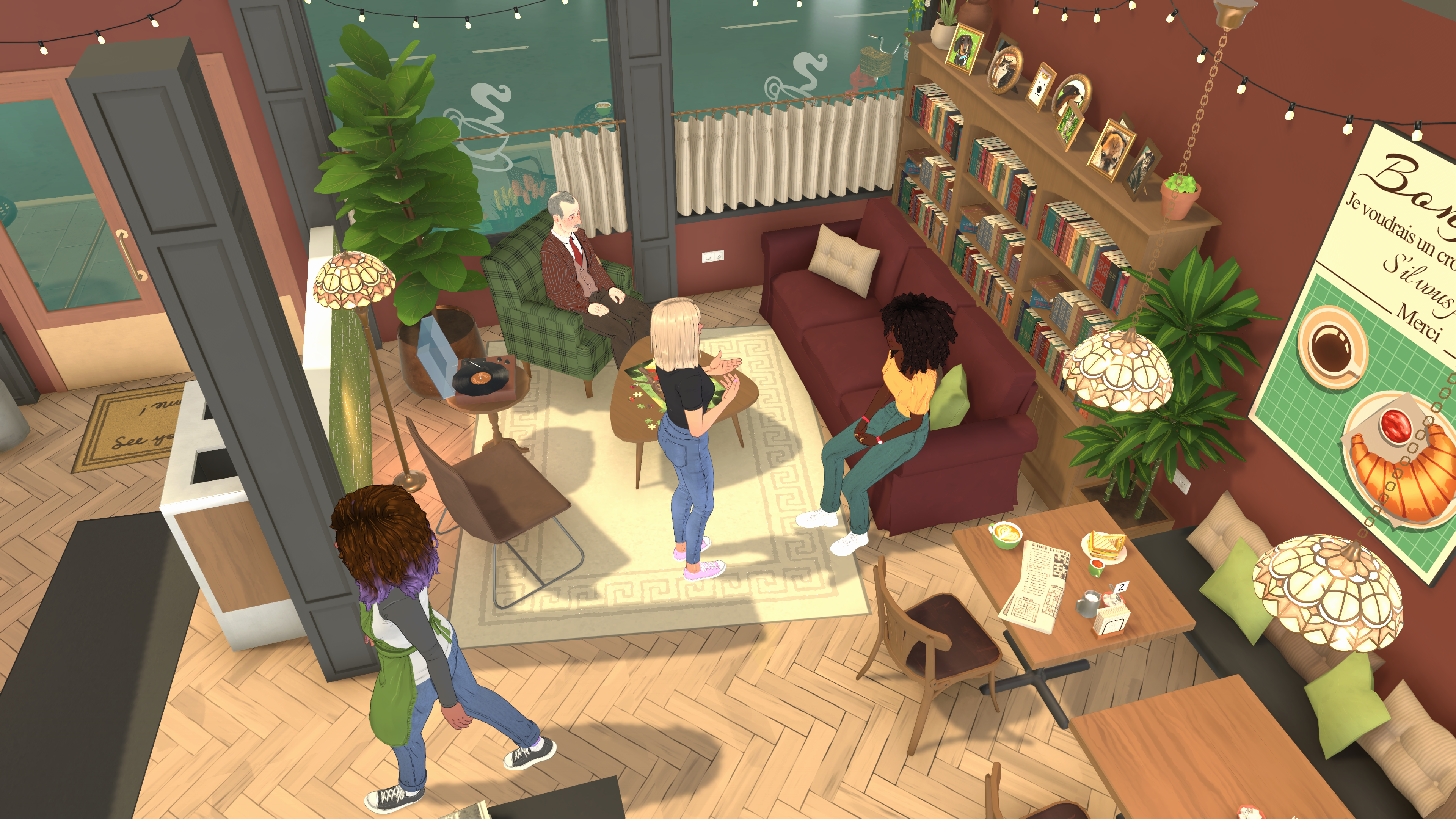 Characters gather in a cafe - two chat on a sofa while another is working wearing an apron