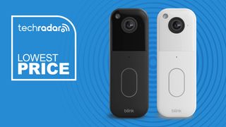 Blink Video Doorbell in black and white on blue background with TechRadar lowest price sign