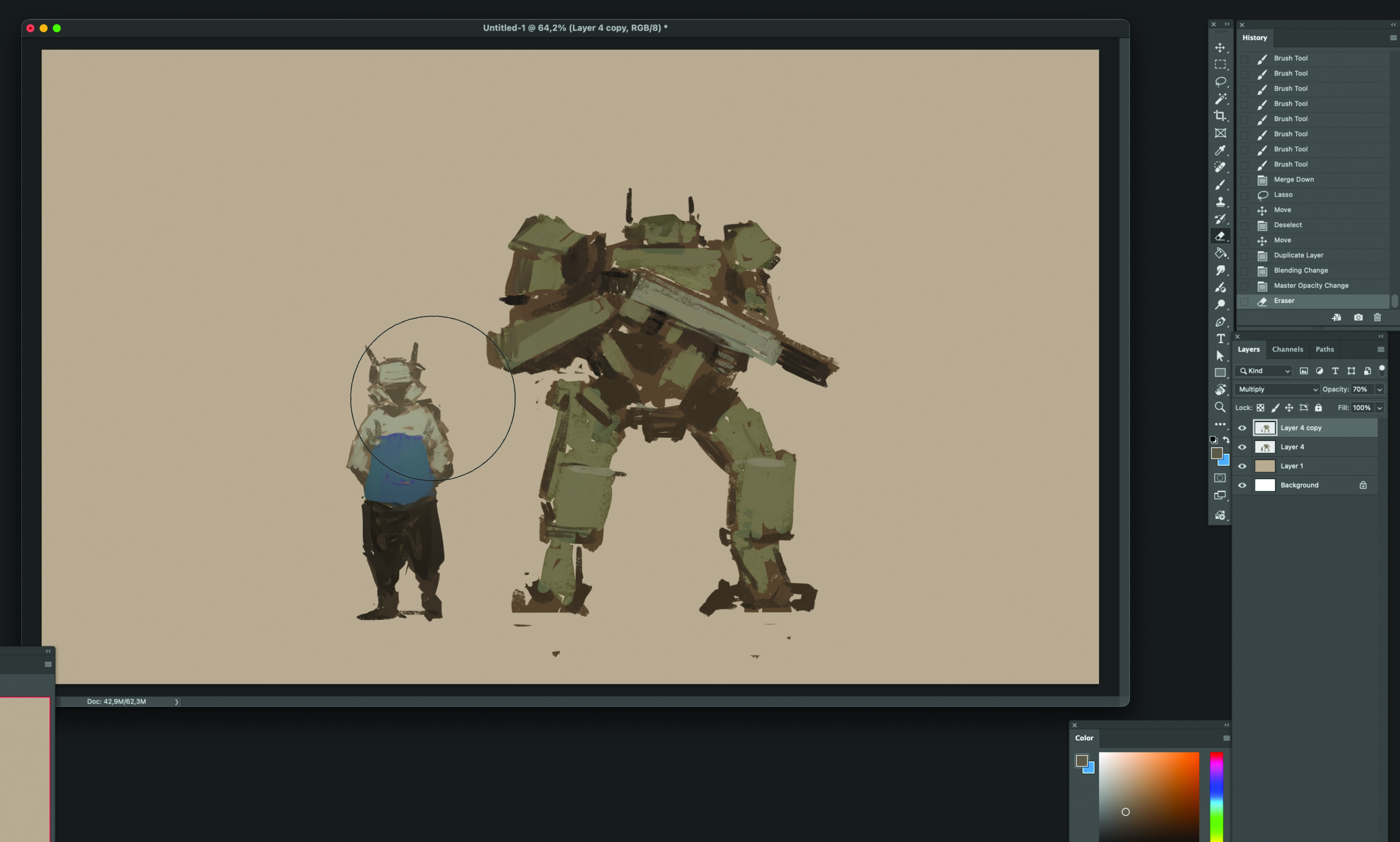 Part of the process of creating concept art with a robot character