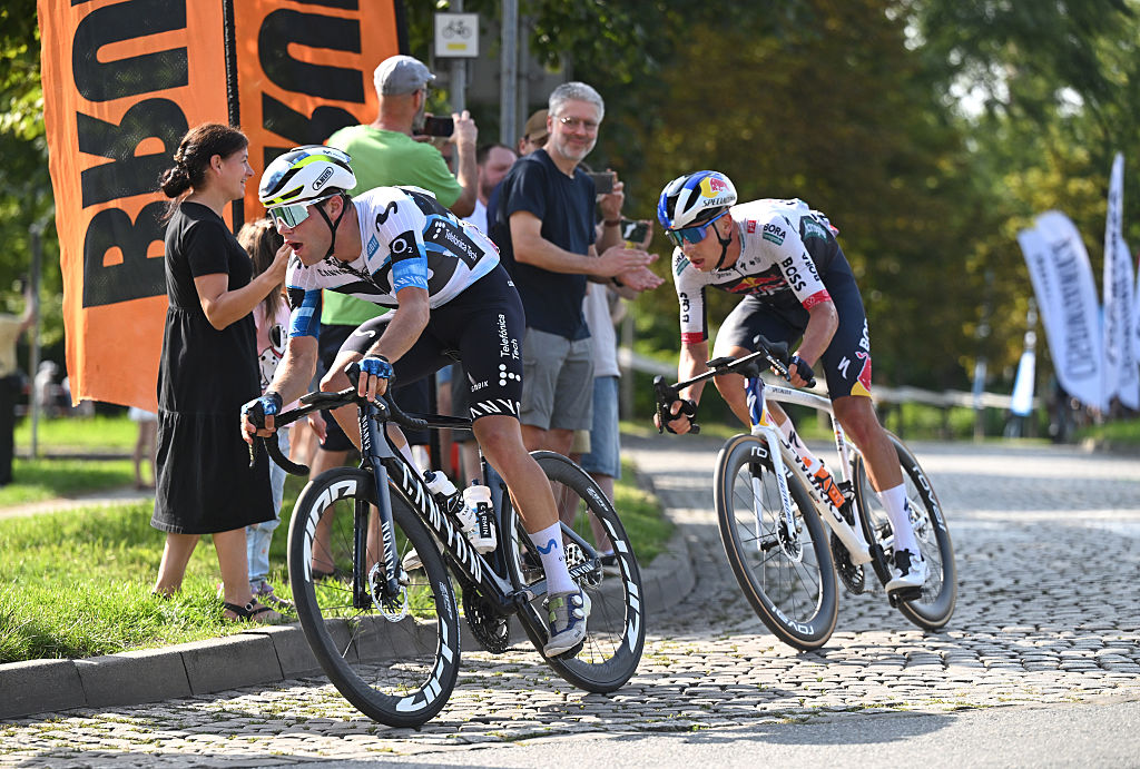 CIESZYN, POLAND - AUGUST 07: (L-R) Lorenzo Milesi of Italy and Team Movistar and Filip Maciejuk of Poland and Team Red Bull - BORA - hansgrohe compete in the breakaway during the 82nd Tour de Pologne 2025, Stage 4 a 198.8km stage from Rybnik to Cieszyn / #UCIWT / on August 07, 2025 in Cieszyn, Poland. (Photo by Luc Claessen/Getty Images)