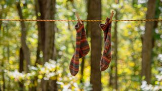 Hiking socks drying on a washing line