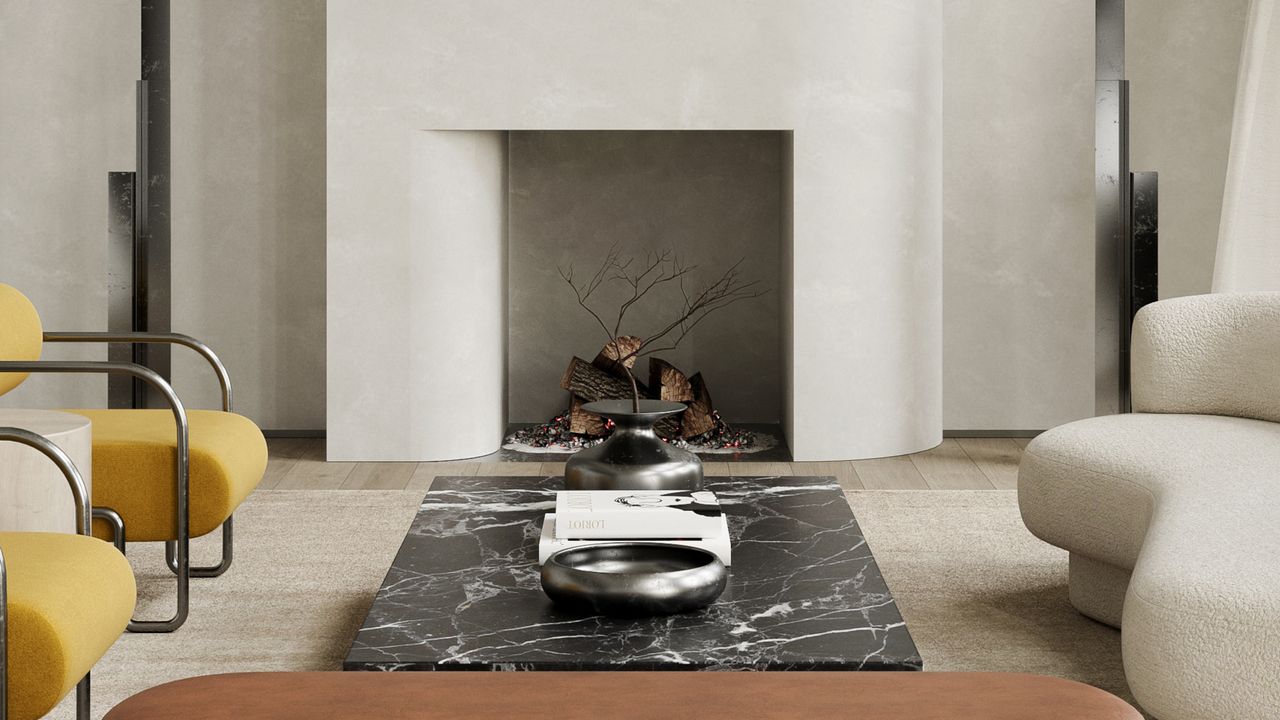 A living room with off-white clay walls, off-white sofa, yellow armchairs, black marble coffee table and cool metallic accessories