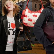 A graphic of the best Coach bags featuring Elle Fanning and Bella Hadid carrying the Coach Ergo chery bag, Coach Empire Bag, and Coach Brooklyn bag