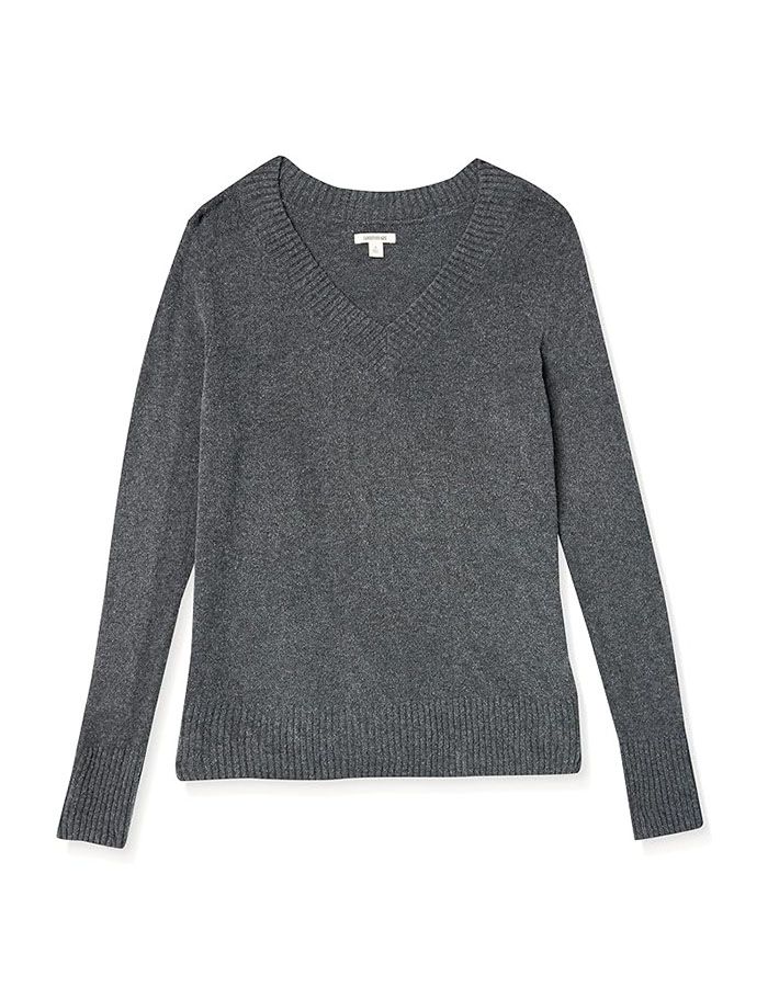 Goodthreads Women's Mid-Gauge Stretch V-Neck Sweater Sweater, -Charcoal Heather, Xl