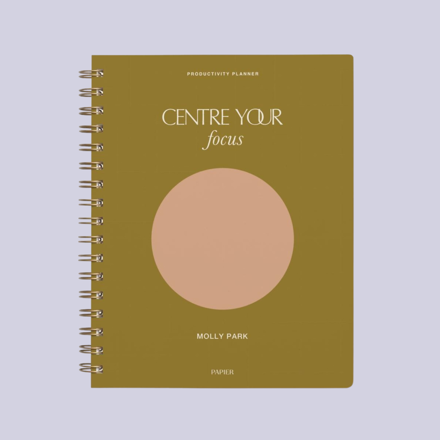 An olive and beige spiral bound planner
