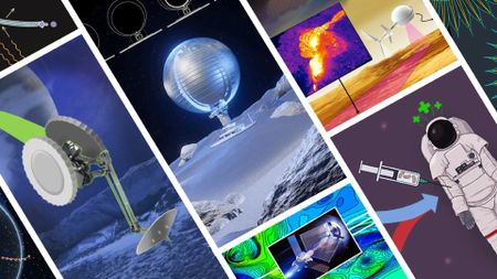 a collage of different images showing futuristic technologies ranging from one-legged jumping robots to balloons on an alien planet