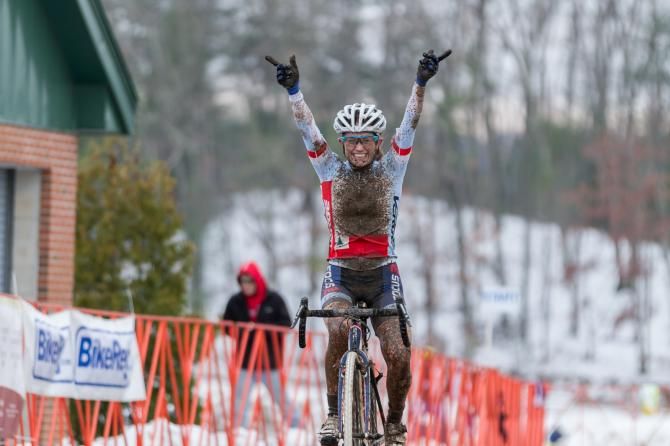 An elated Ellen Noble wins her second ever UCI race, both this weekend at Baystate