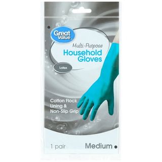 A grey and blue packet of Great Value Latex Multipurpose Reusable Household Gloves