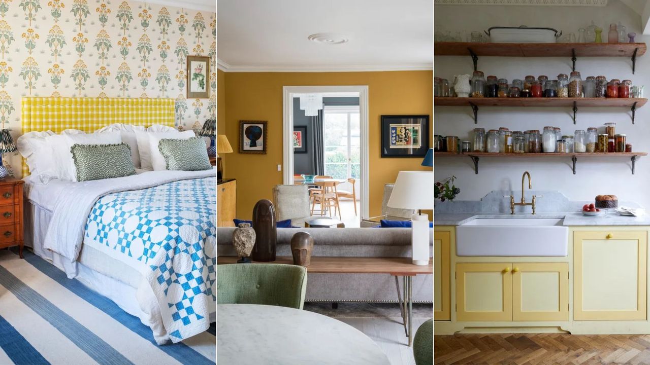 bedroom with yellow headboard, living room with dark yellow wall, kitchen with light yellow cabinets