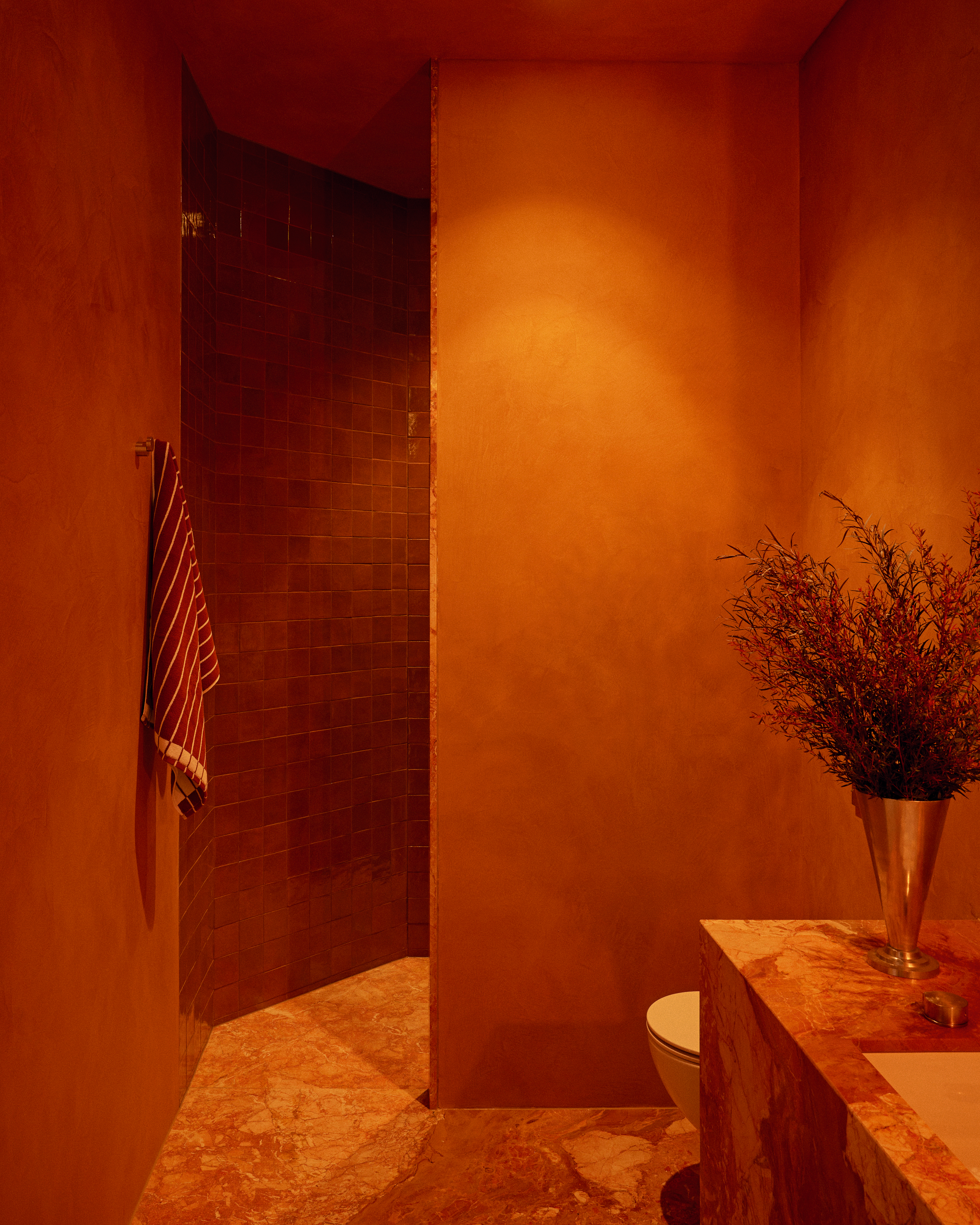 Shower room with terracotta textured walls