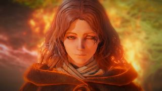 Elden Ring screenshot showing Melina, a young woman with short copper-y hair, staring ahead as flames rise behind her