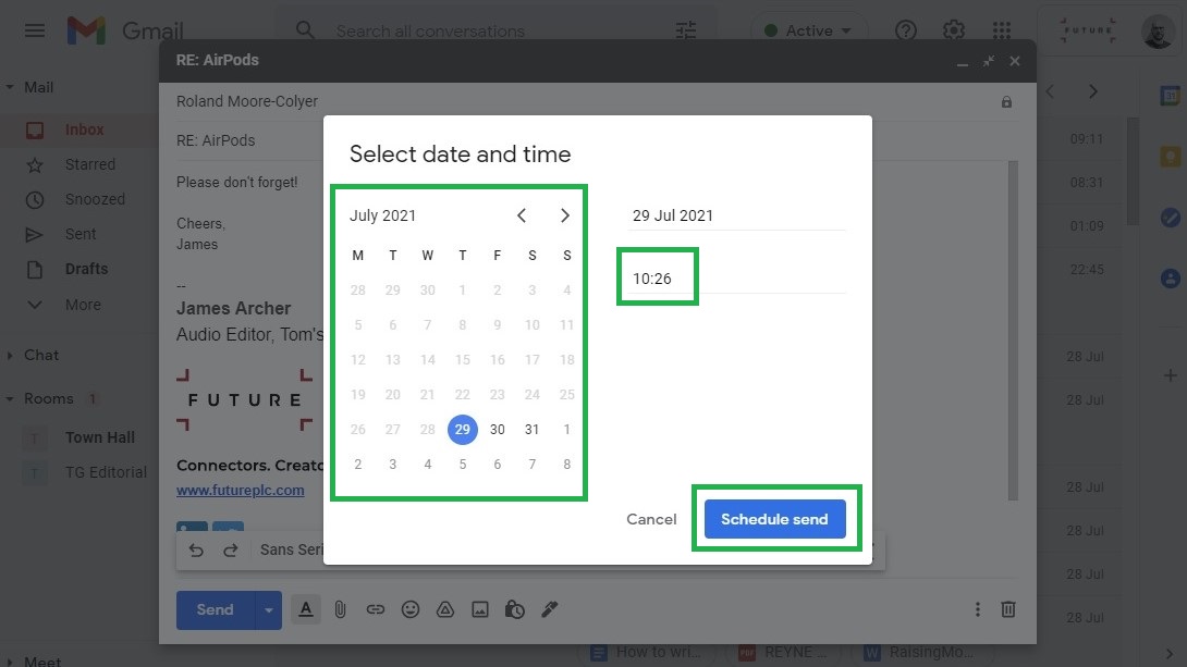 How to schedule an email in Gmail on desktop step 4: Select date and time, then click Schedule send