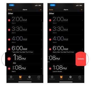 How to delete an alarm by showing steps: Tap the delete button next to the alarm you want to delete and then tap Delete