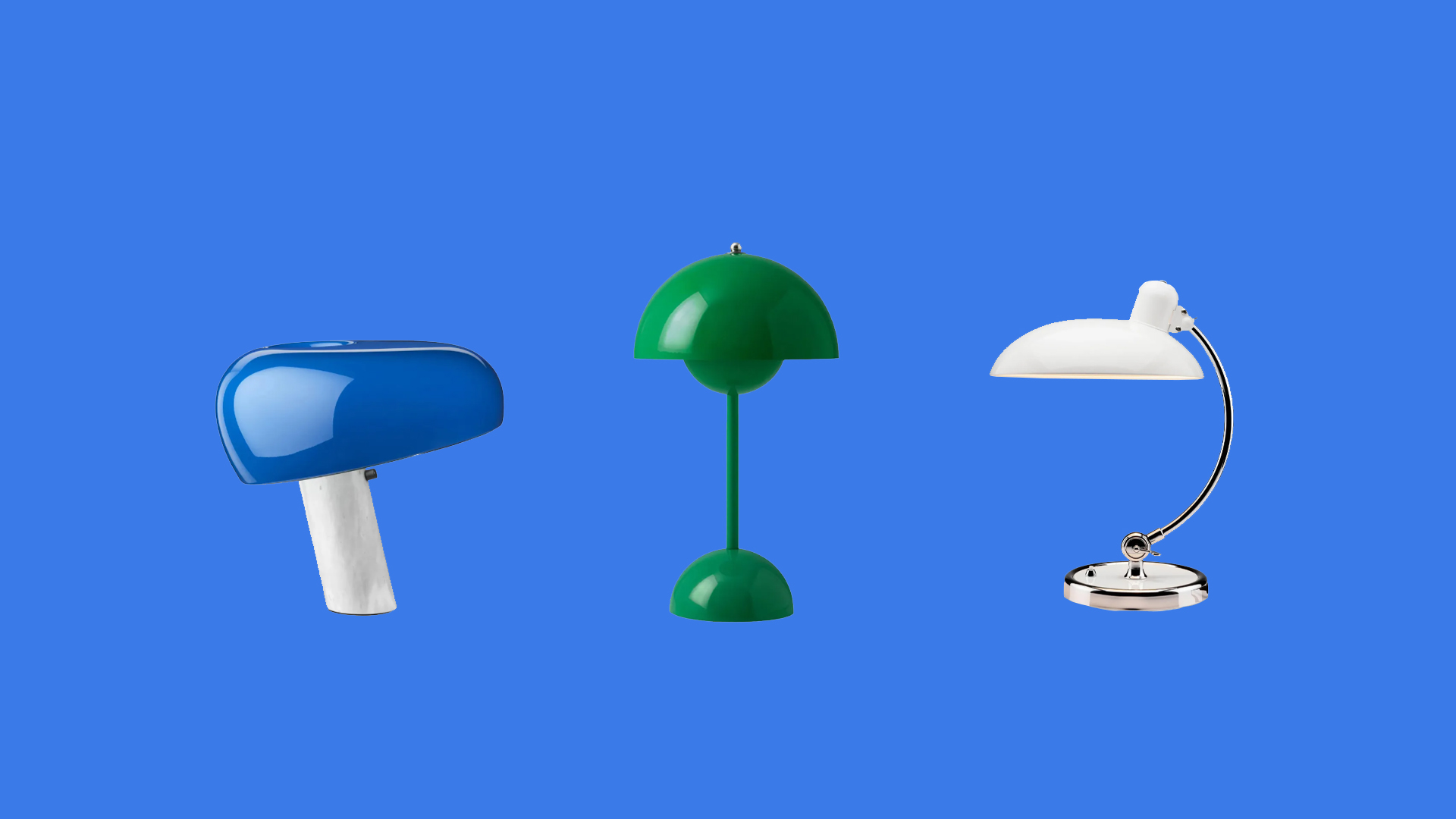 Three desk lamps on a blue background. 