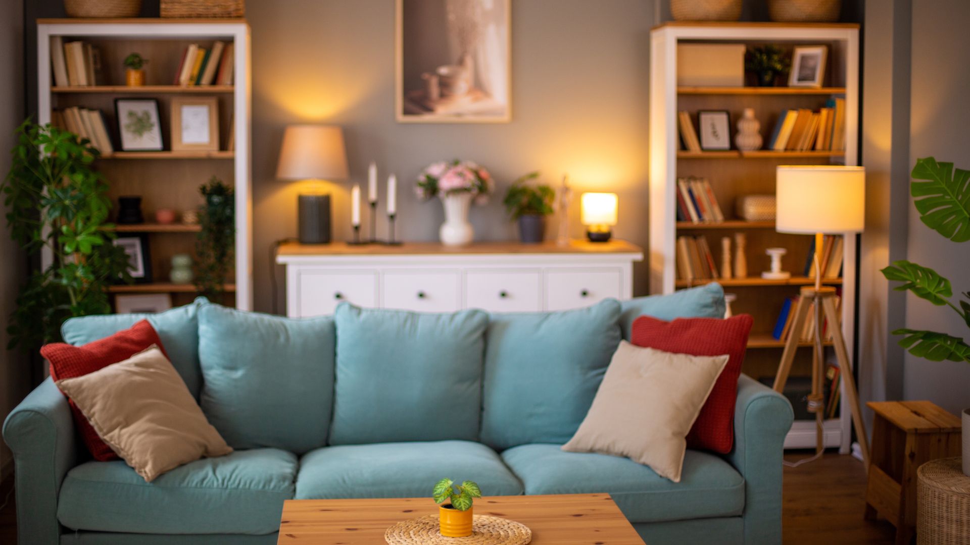 A cosy living room, with the sofa situated in the middle with a bookshelf and drawers behind