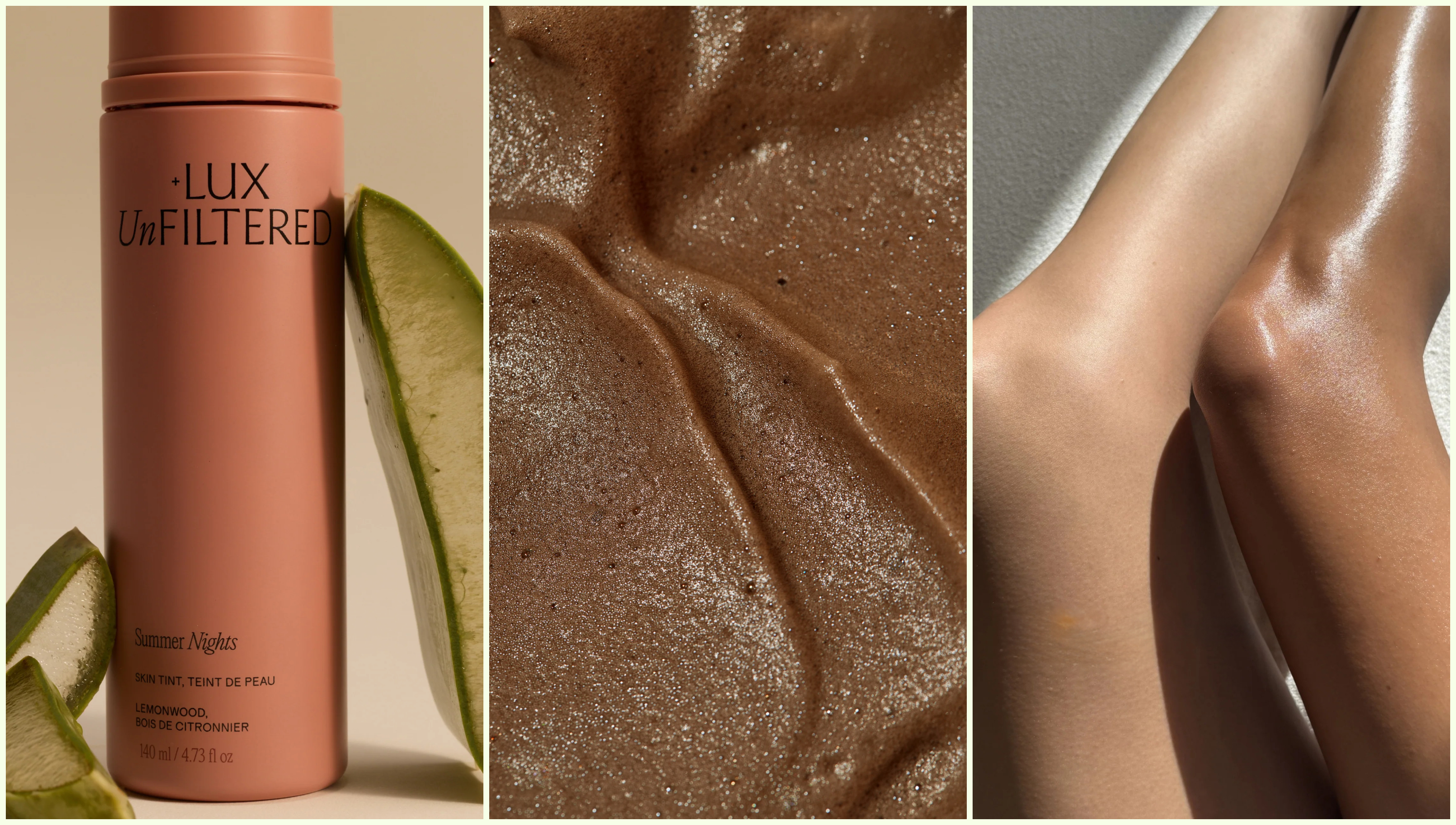 Lux Unfiltered tan bottle next to a close up of bronze foam next to bare legs