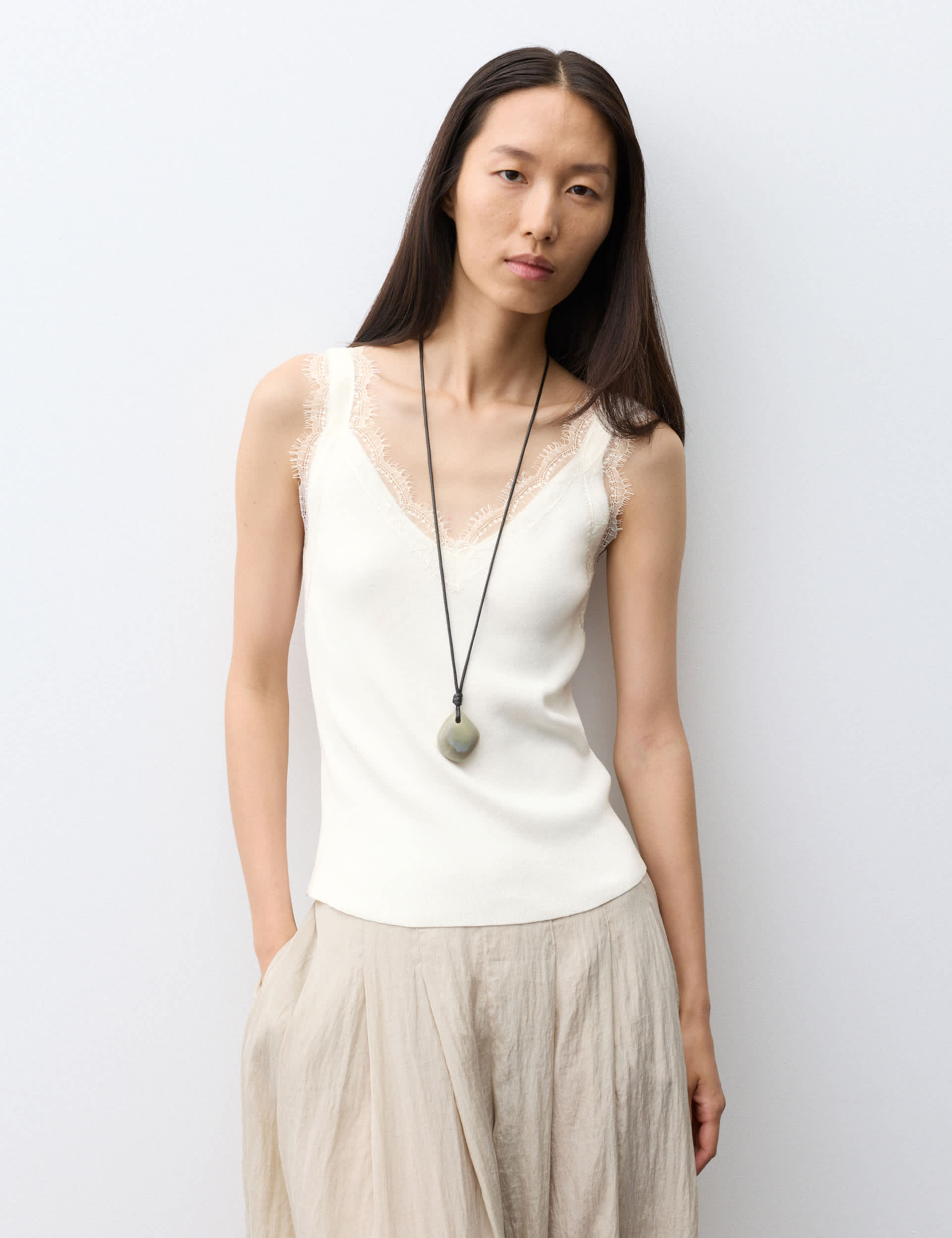 V-Neck Lace Detail Fitted Vest Top