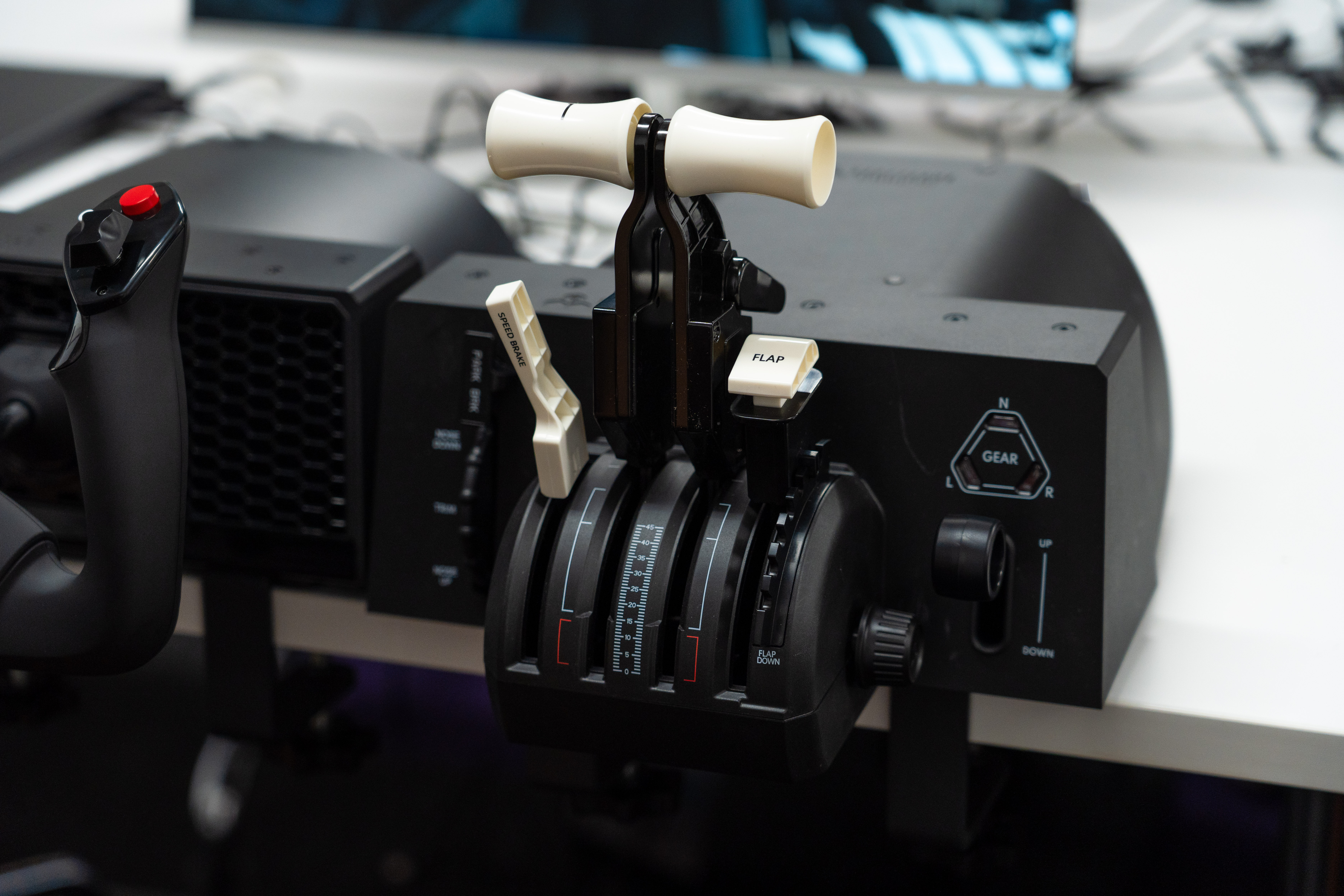 Honeycomb Aeronautical Bravo Throttle Quadrant Lite sample unit mounted on a white table.