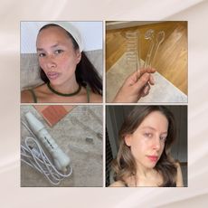Photo collage of Jamie Schneider and Anne-Victoire Lefevre with glowing skin and high-frequency device attachments