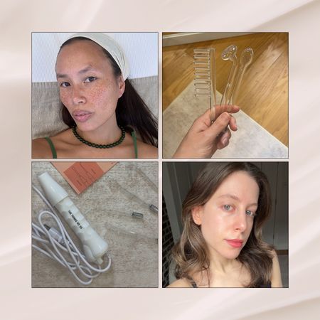 Photo collage of Jamie Schneider and Anne-Victoire Lefevre with glowing skin and high-frequency device attachments