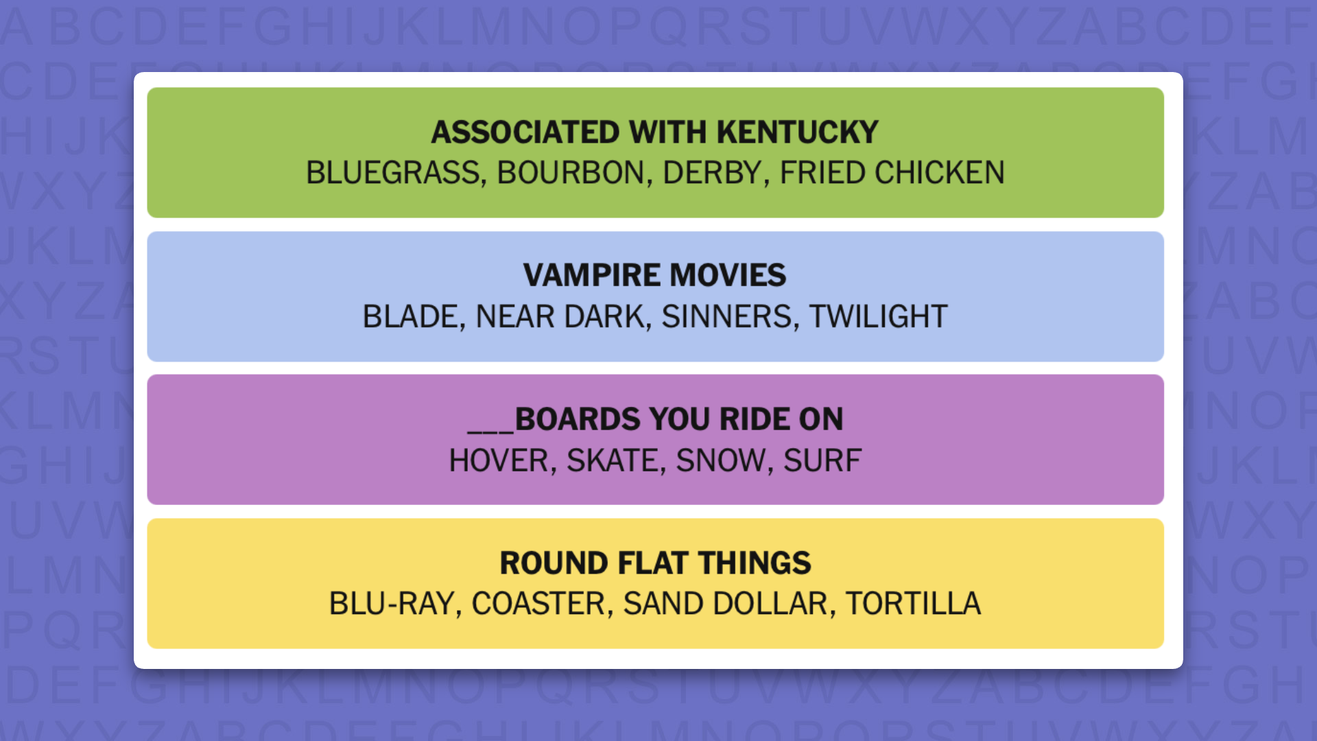 NYT Connections answers for game 1197 on a purple background