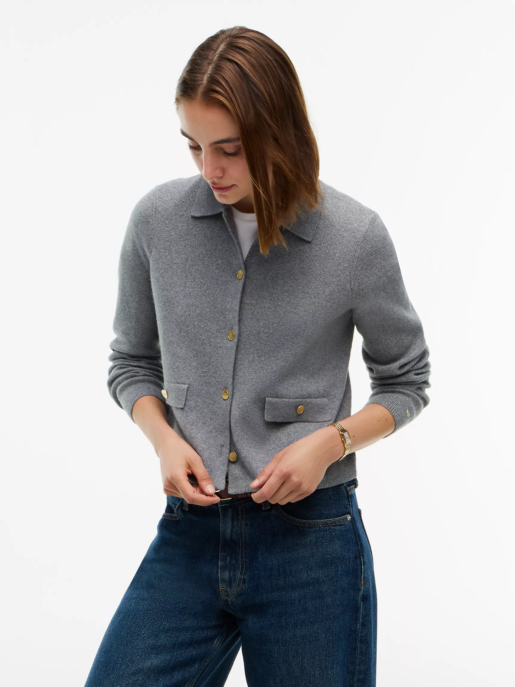 Gold-Button Collared Cardigan