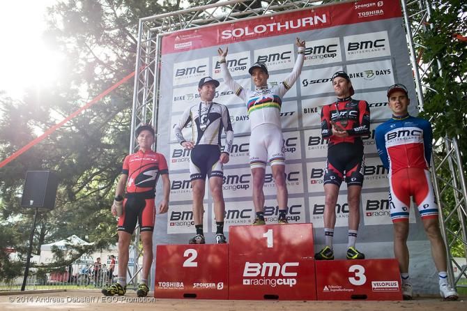 Elite men's podium: Matthias Fl&uuml;ckiger (5th), Florian Vogel (2nd), Nino Schurter (1st), Lukas Fl&uuml;ckiger (3rd), Julien Absalon (4th)