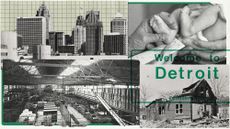 Photo collage of the Detroit skyline, a newborn baby being handled by a doctor, an old Detroit automotive factory, and an old dilapidated family home in Detroit. A green ”Welcome to Detroit” sign is overlaid on top.