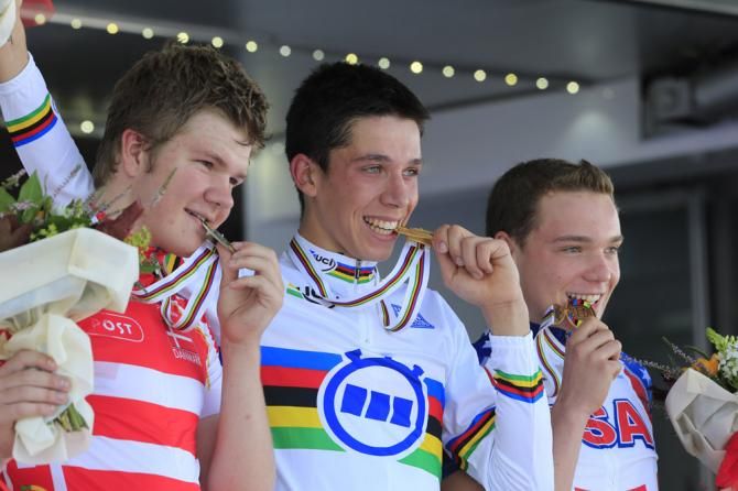 2013 junior men's time trial world championship podium (L-R): Mathias Krigbaum (Denmark), Igor Decraene (Belgium) and Zeke Mostov (United States of America)