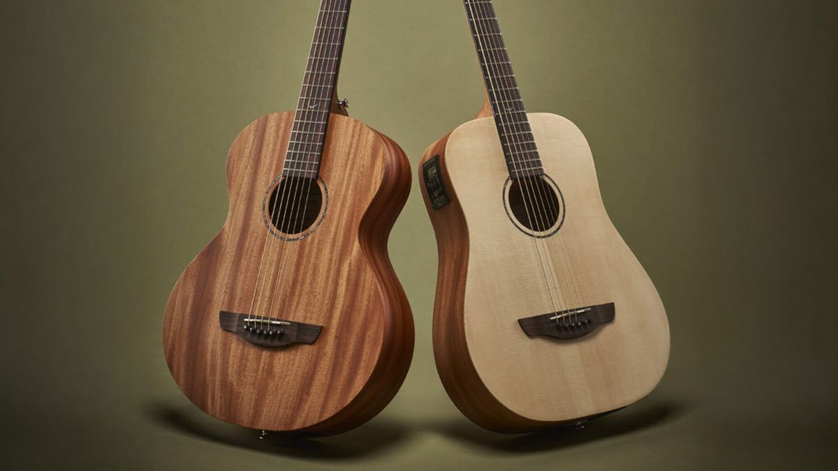 A studio shot of a pair of Faith Nomad Mini Neptune 3/4 acoustic guitars on an olive background with black vignette.