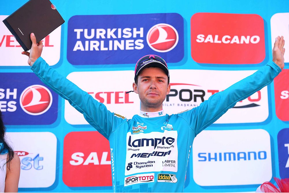 Kristijan Durasek (Lampre-Merida) in the race leader's jersey.