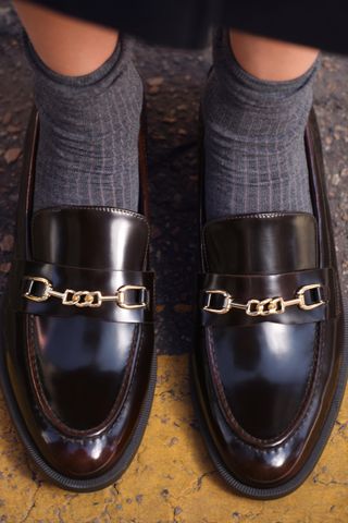 Faux Patent Finish Loafers With Buckle