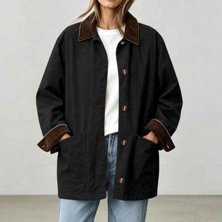 Women Button Up Jacket Lightweight Contrast Collar Colorblock Longline Barn Jacket Utility Fall Coat