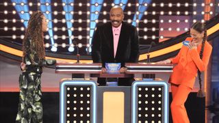 Jasmin Savoy Brown, Steve Harvey and Tawny Cypress on Celebrity Family Feud