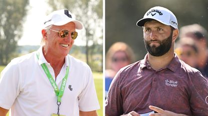 Greg Norman and Jon Rahm pictured in a montage