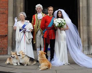 Dog, Canidae, Pomeranian, Ceremony, Dress, Gown, Wedding dress, Dog breed, Bridal clothing, Event,