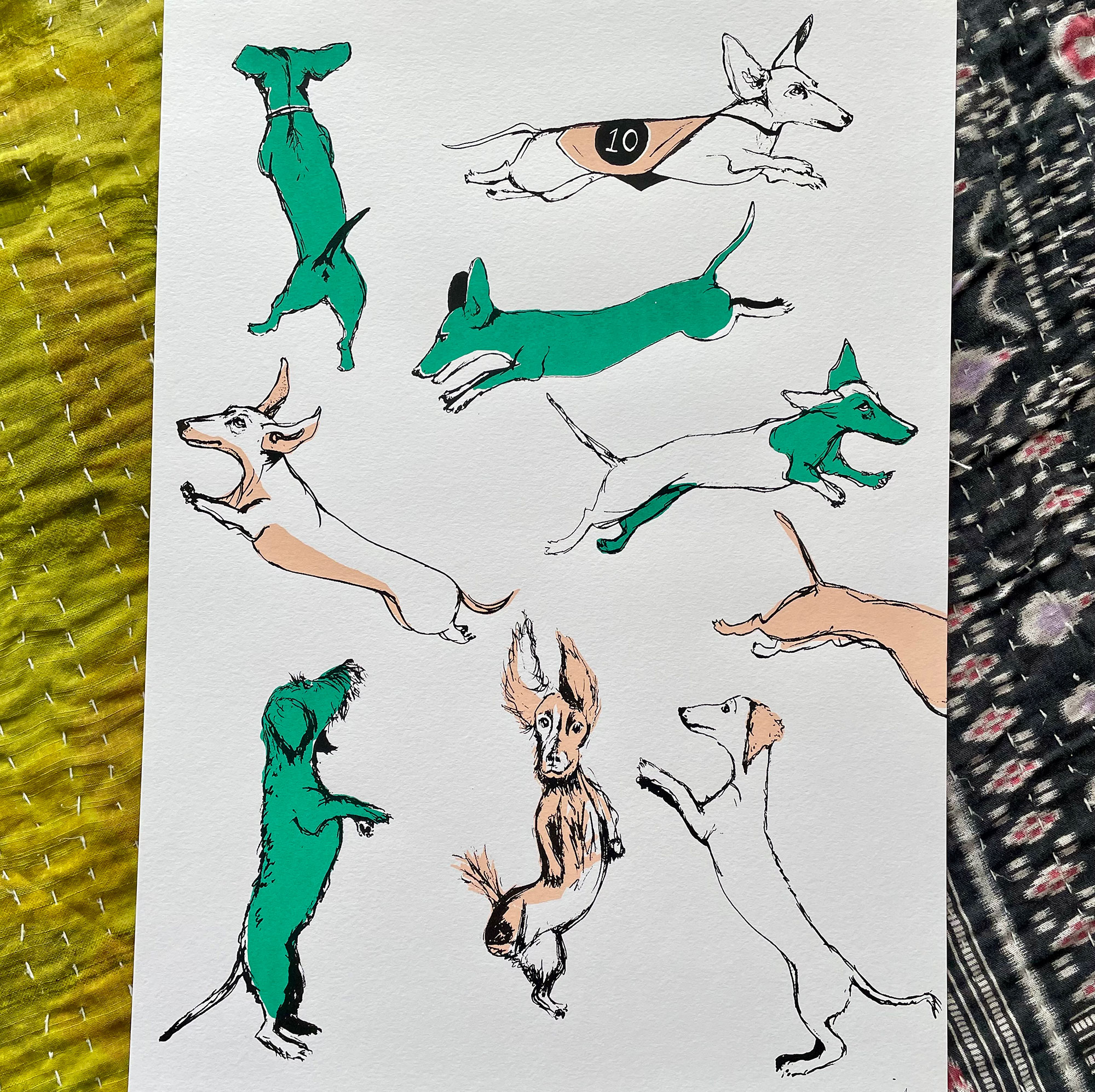 Print of dogs painted in beige and green