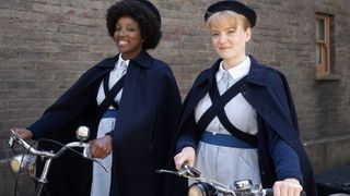 Renee Bailey and Natalie Quarry in pupil midwives' uniforms as Joyce Highland and Rosalind Clifford in Call the Midwife.