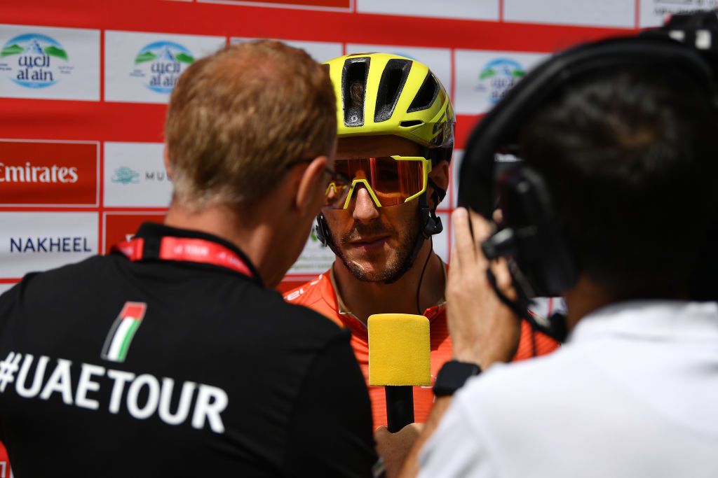 Race leader Adam Yates (Mitchelton-Scott) talks to the media ahead of stage 5 – which would turn out to be the final stage – of the 2020 UAE Tour