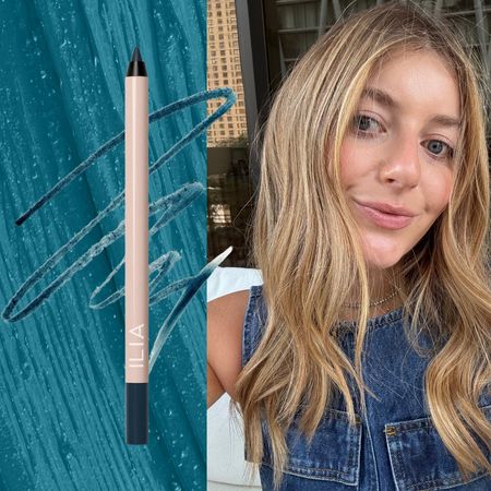 girl in a denim top on a blue background next to ilia eyeliner