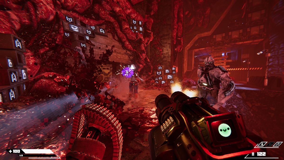 shooting chain gun at aliens in gory environment