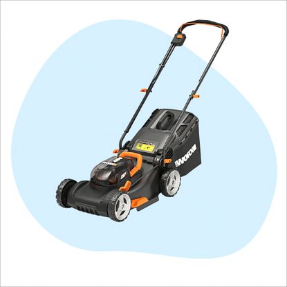 WORX WG743E lawnmower graphic with blue background
